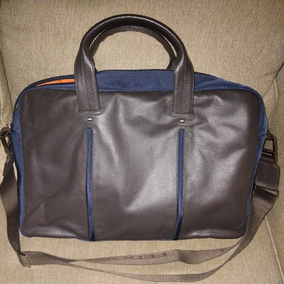 ❤️GIORGIO FEDON Navy and Brown Canvas Leather Laptop Briefcase +Shoulder Strap - Picture 4 of 8